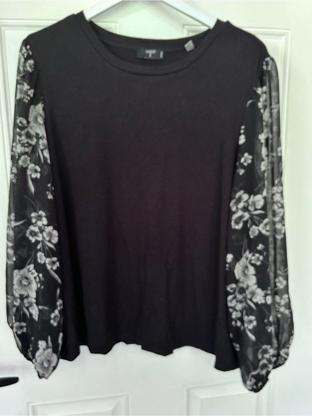 Tahari Black Top with Sheer Floral-Print Long Sleeves